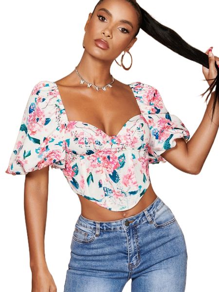 

bae floral print hanky hem crop g9oi#, White