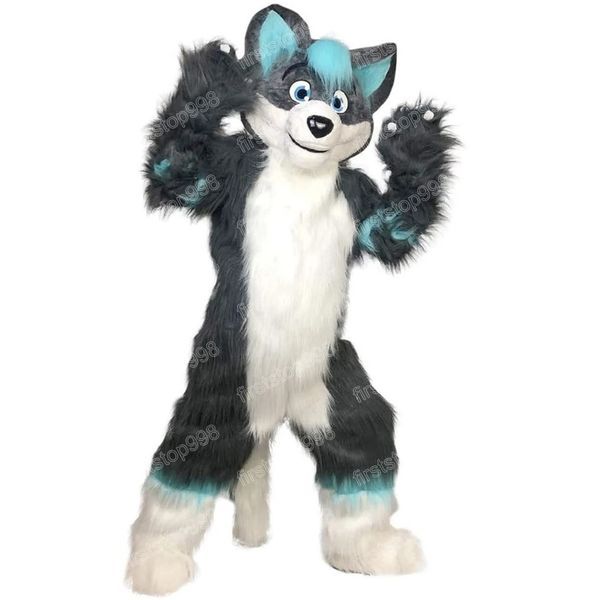 Halloween Long Fur Husky Fox Dog Mascot Costume Cartoon Anime tema personaggio Adulti Taglia Natale Outdoor Outfit Suit