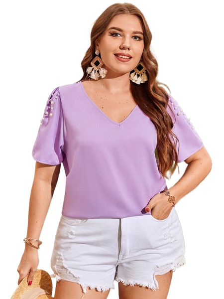 

plus pearls beaded blouse 6014#, Black