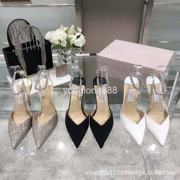 

sandals shallow mouth pointed high-heeled sandals summer chain thin heel net red packet head women's fashion, Black