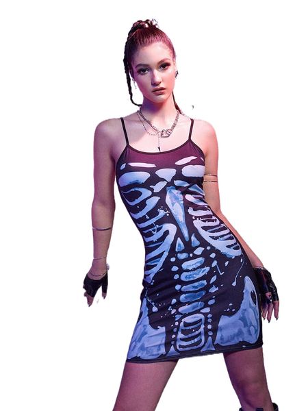 

romwe cyber luvr skeleton print cami dress i9lh#, Black;gray