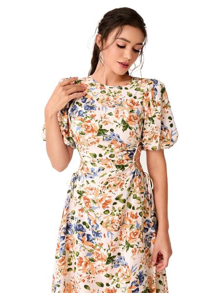 

floral print puff sleeve cut out lace up side dress r3hm#, Black;gray