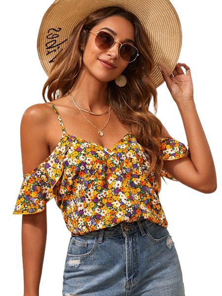 

allover floral print cold shoulder blouse s8f4#, White