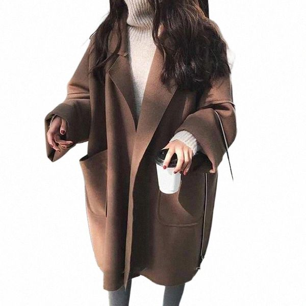 

women's wool & blends 2021 korean style women autumn winter blend coat oversize loose long overcoat turn down collar female outwear fas, Black