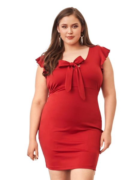 

plus tie front ruffle trim dress v1sk#, Black