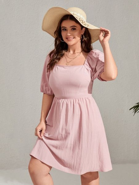 

plus square neck shirred back puff sleeve dress s5l5#, Black