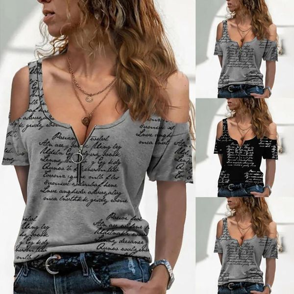 T-shirt feminina zíper V-pescoço fora-ombro de manga curta letra impressão tops y2k verão moda casual senhoras solta