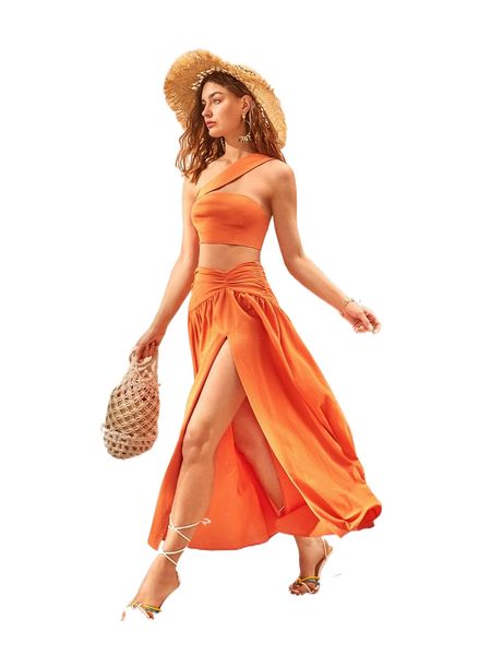 

solid one shoulder & split thigh skirt set 802v#, White