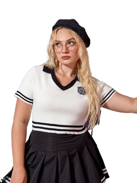 

plus logo patched detail striped pattern knit 18xj#, Black