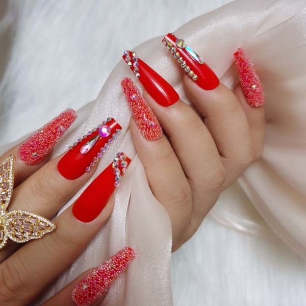 24шт дизайн роскошные ювелирные украшения длинные балетные громкие фальшивые ногти Crystal Diamond High And Red 1 220716