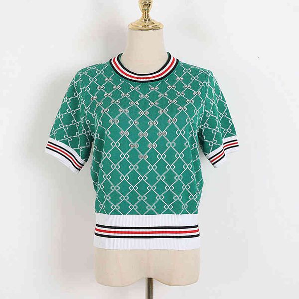

women's knits & tees round neck rhombic pullover 2022 spring and summer color contrast geometric diamond nail drill short sleeve sweate, White