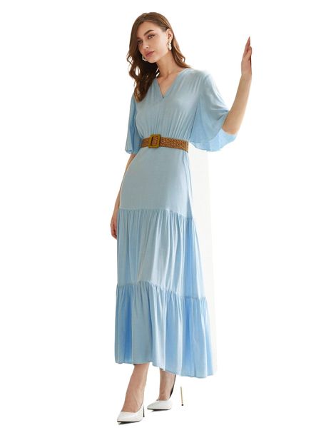 

butterfly sleeve ruffle hem buckled belted dress e4pd#, Black;gray