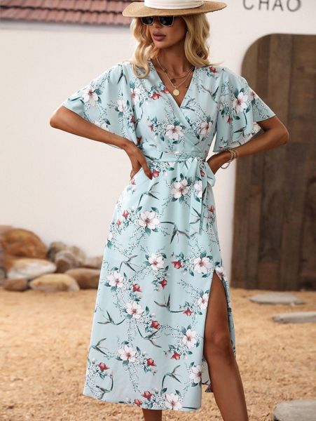 

floral print butterfly sleeve split thigh belted dress l2q9#, Black;gray