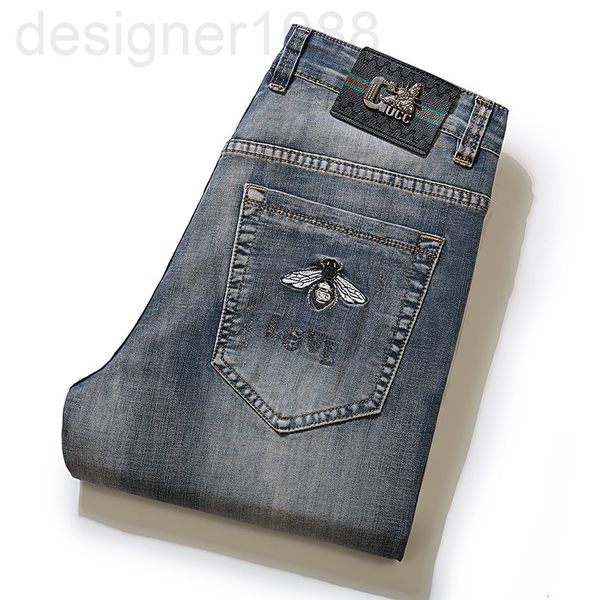 

men's jeans designer light luxury brand little bee embroidered jeans men's tannin straight casual pants uqto, Blue