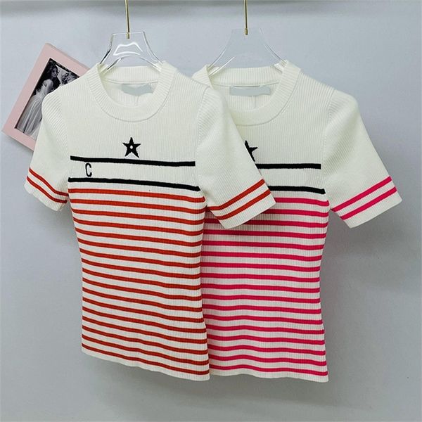 

women's knits & tees d home red and white stripe letter star embroidery round neck short sleeve knit fashion casual thin t-shirt 0pbo