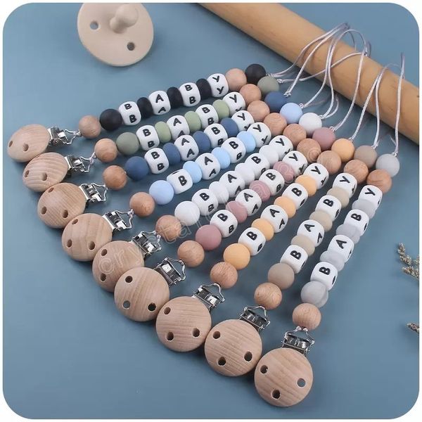 

newborn baby silica gel letter bead pacifier holders creative wooden teethers safe infant toddler toys beech teether chain clips