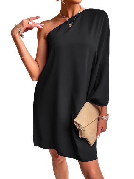 

one shoulder batwing sleeve dress s4ab#, Black;gray