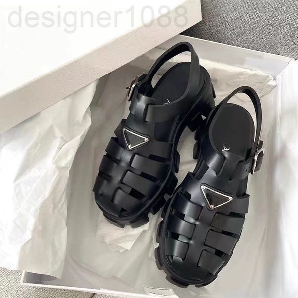 

sandals designer p family three corner standard thick soled roman sandals women's 2022 summer new hollow woven one-line buckle wrap hea, Black