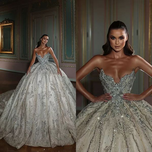 

luxurious ball gown wedding dresses sweetheart beads sequins appliques diamonds arabic bridal gowns, White