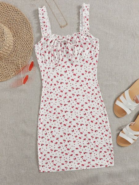 

ditsy floral print tie front ruched bust dress 84ho#, Black;gray
