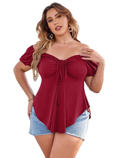 

plus off shoulder tie front curved hem tee e5ko#, Black