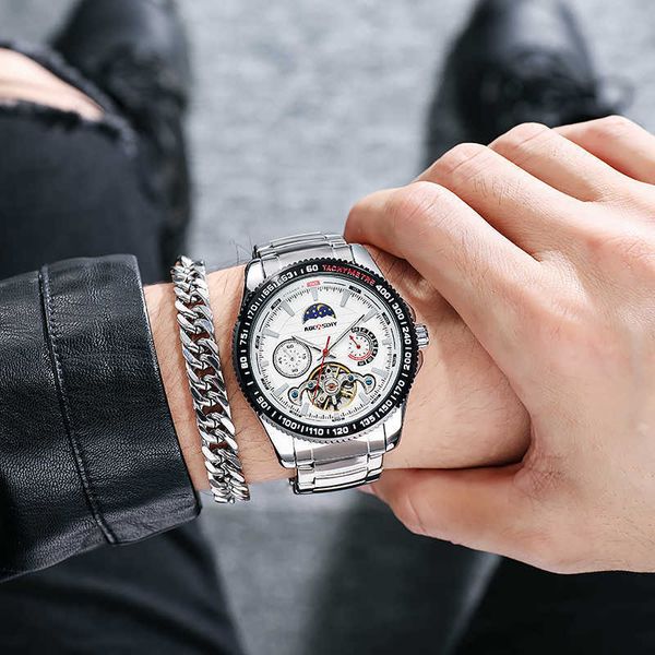 

aocasdiy original exquisite skeleton mechanical watch luxury stainless steel for man self-winding , luminous dial,, Slivery;brown