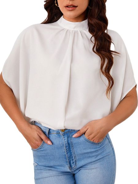 

mock neck tie back batwing sleeve a8hf#, White