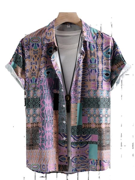 

men patchwork print button front shirt without tee l6mj#, White;black