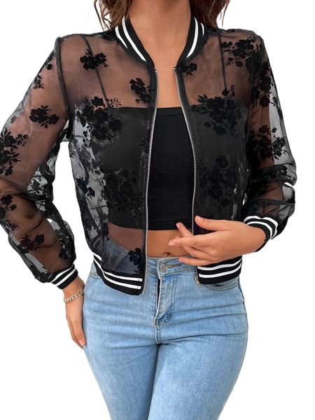 

floral pattern sheer organza bomber jacket y7v0#, Black;brown