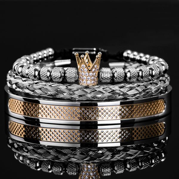 Conjunto de luxo masculino feito à mão pulseiras de coroa de cores contrastantes pulseiras de corda de cânhamo fivela aberta de aço inoxidável micropave joias CZ