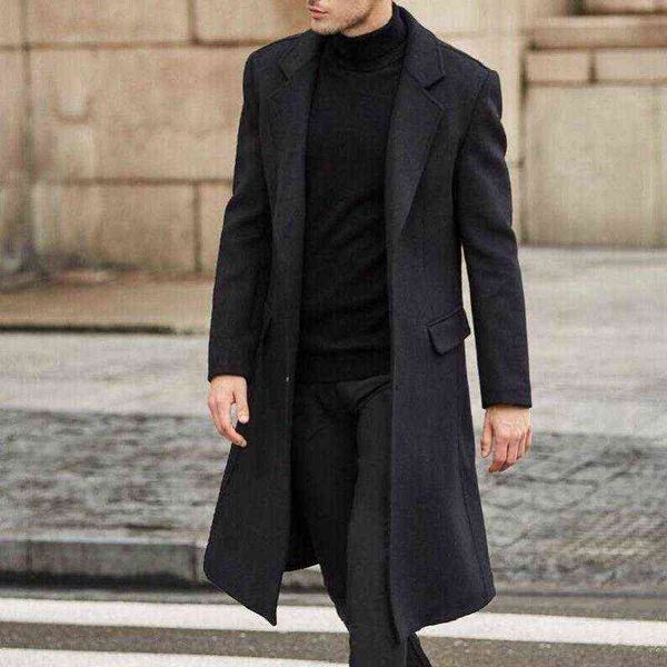 

men's wool & blends fall winter lapel woolen coat single breasted slim mid length trench t220810, Black