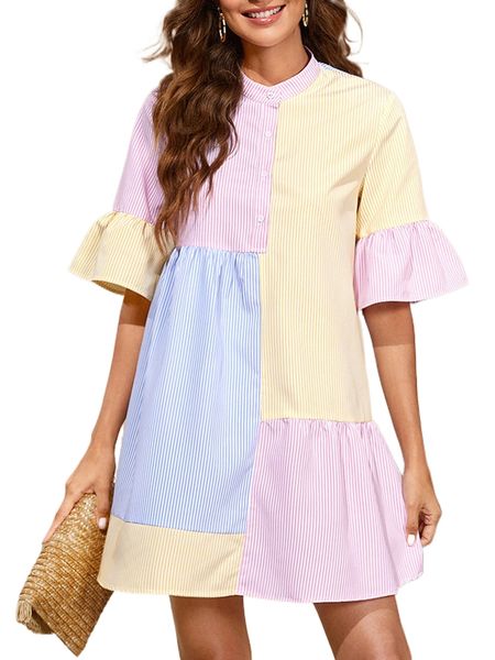 

striped colorblock flounce sleeve shirt dress 13zx#, Black;gray