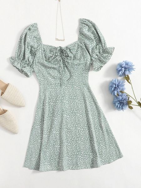 

sweetheart neck puff sleeve drawstring ruched leopard dress t4rn#, Black;gray