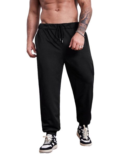

extended sizes men solid drawstring waist sweatpants b8wt#, Black