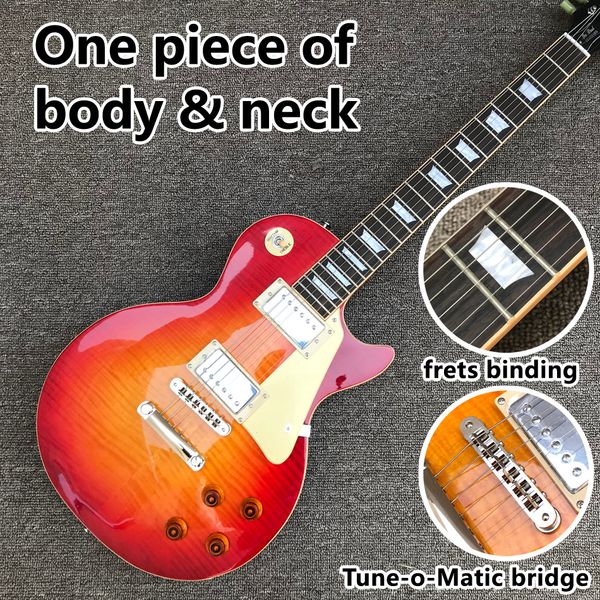 

electric guitar, one piece of body & neck, tune-o-matic bridge, frets binding, cherry burst color same of the pictures