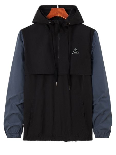 

men color block embroidery detail drawstring hooded jacket m2f7#, Black;brown