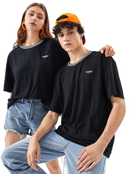 

1pc striped trim letter graphic drop shoulder tee 77rs#, White;black