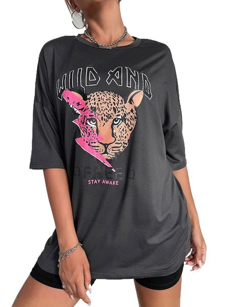 

leopard & slogan graphic drop shoulder tee r9r8#, White