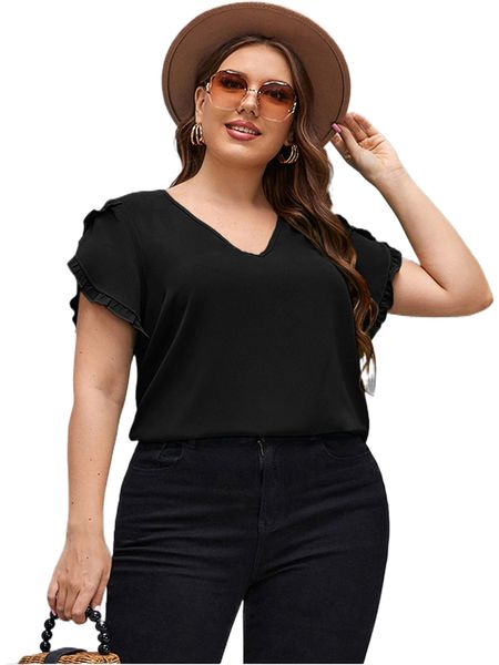 

plus frill trim petal sleeve blouse z8mg#, Black