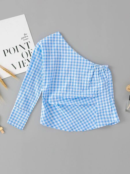 

toddler girls gingham one shoulder blouse she, White;black