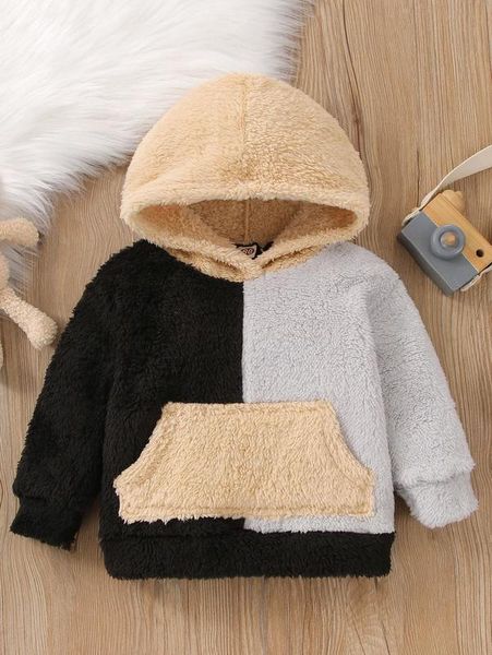 

baby color block kangaroo pocket flannel hoodie she, Black