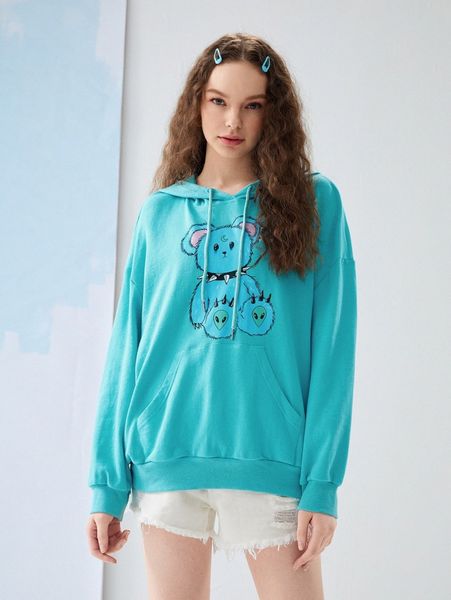 

x 24shatsu cartoon bear graphic drop shoulder drawstring hoodie t8d5#, Black