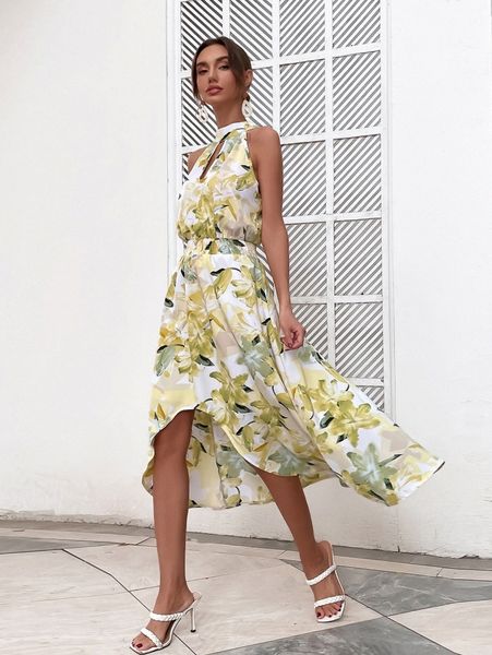 

floral print keyhole neck high low dress i4wz#, Black;gray