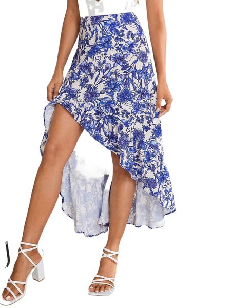 

floral print asymmetrical hem skirt i8nd#, Black