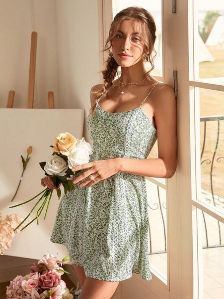 

random ditsy floral guipure lace panel cami dress p4qx#, Black;gray