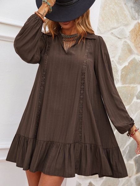 

rusttydustty lace insert lantern sleeve ruffle hem smock dress i2zq#, Black;gray