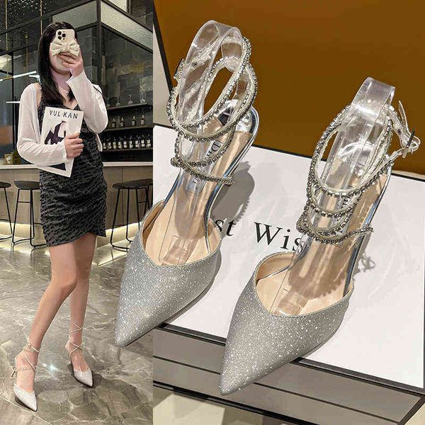 

rhinestone chain high heels 2022 summer new pointed toe stiletto fairy wind shallow mouth single shoes cross winding sandals y220624, Black