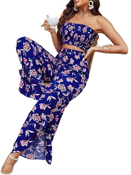 

floral print shirred crop tube & asymmetrical hem wide leg pants s4u3#, White