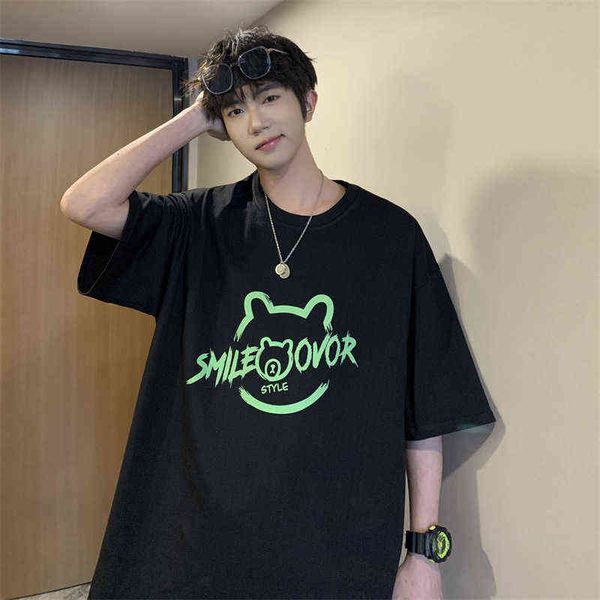 

designer men's t-shirt men's short sleeved t-shirt cotton bottomed shirt summer youth thin black cartoon animation casual loose cl, White;black