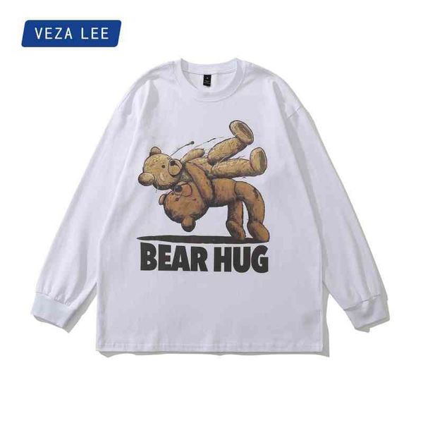 

veza x tkpa men's autumn winter couple's white long sleeve t-shirt bear wrestling print pullover men, Black